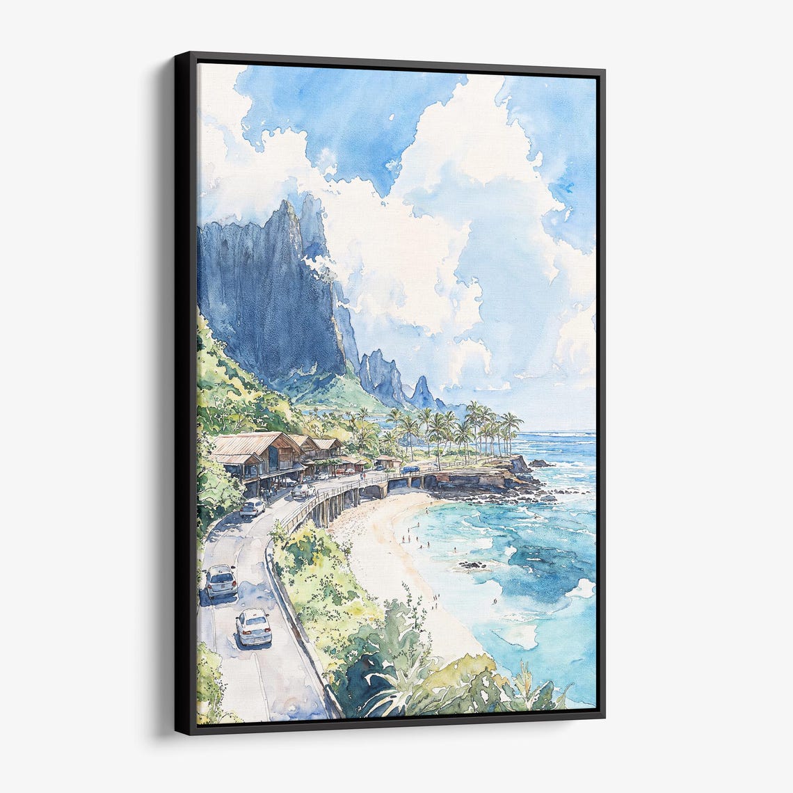Scenic Coastal Road Beach Cliffs Watercolor Tropical Seaside Poster