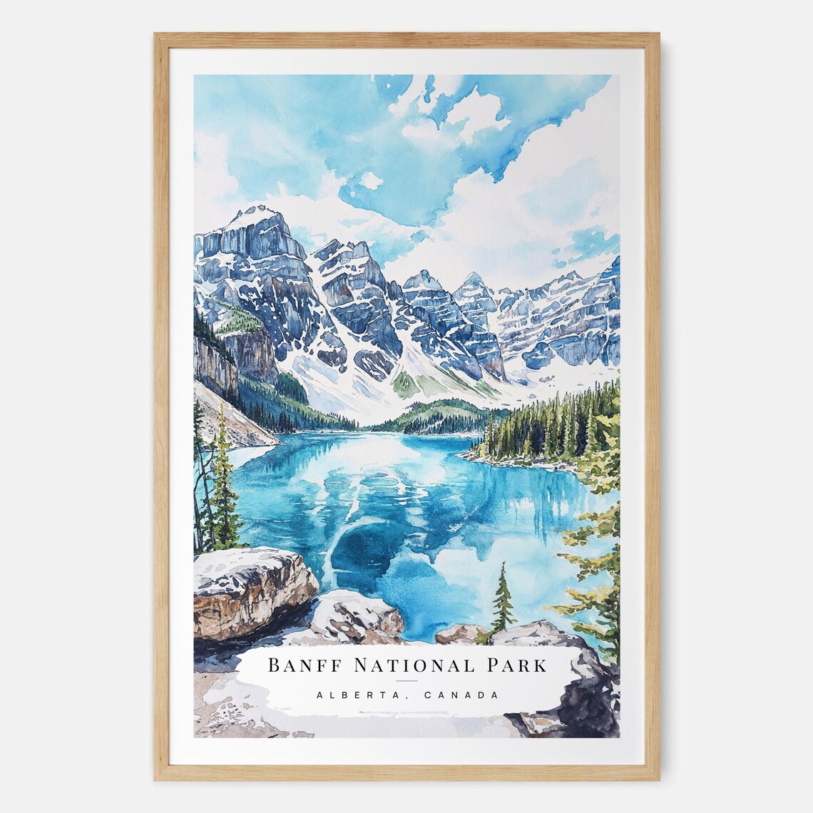 Banff National Park Turquoise Lake And Snowy Peaks Watercolor Poster