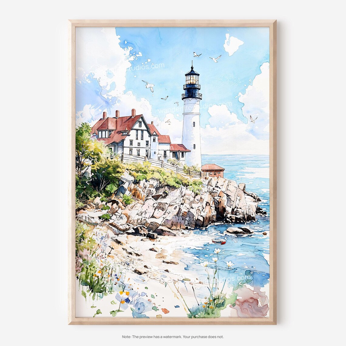 Portland Maine Classic Rocky Lighthouse Coastal Watercolor Poster