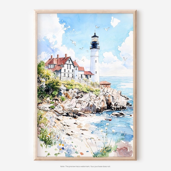 Portland Maine Classic Rocky Lighthouse Coastal Watercolor Poster