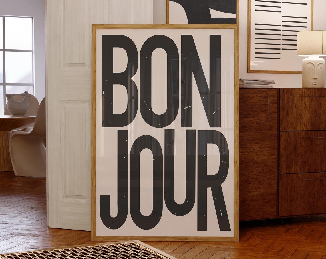 Bonjour Bold Black Typography French Greeting Retro Minimalist Poster