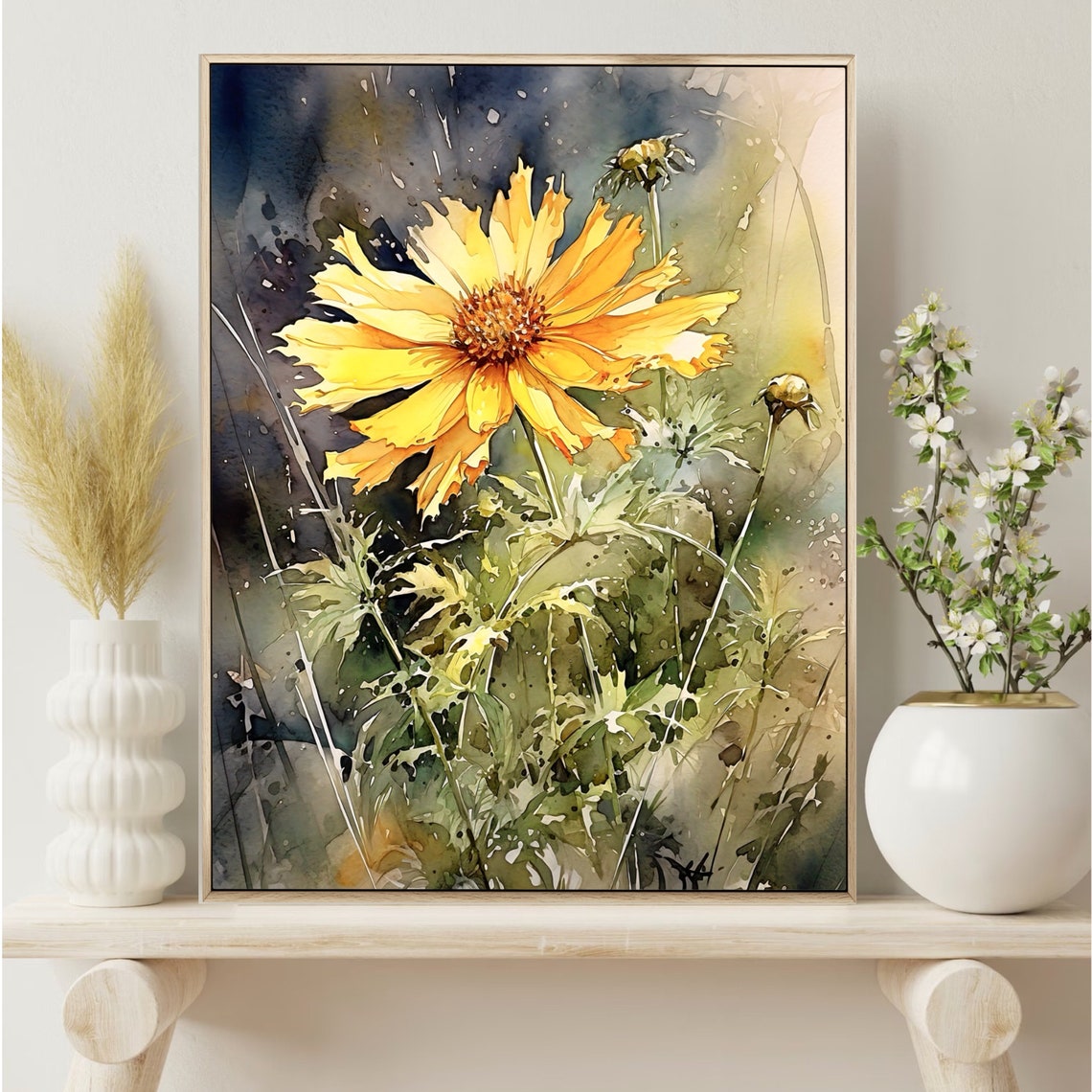 Golden Yellow Wildflower Bloom Dark Watercolor Floral Art Poster - Image 5