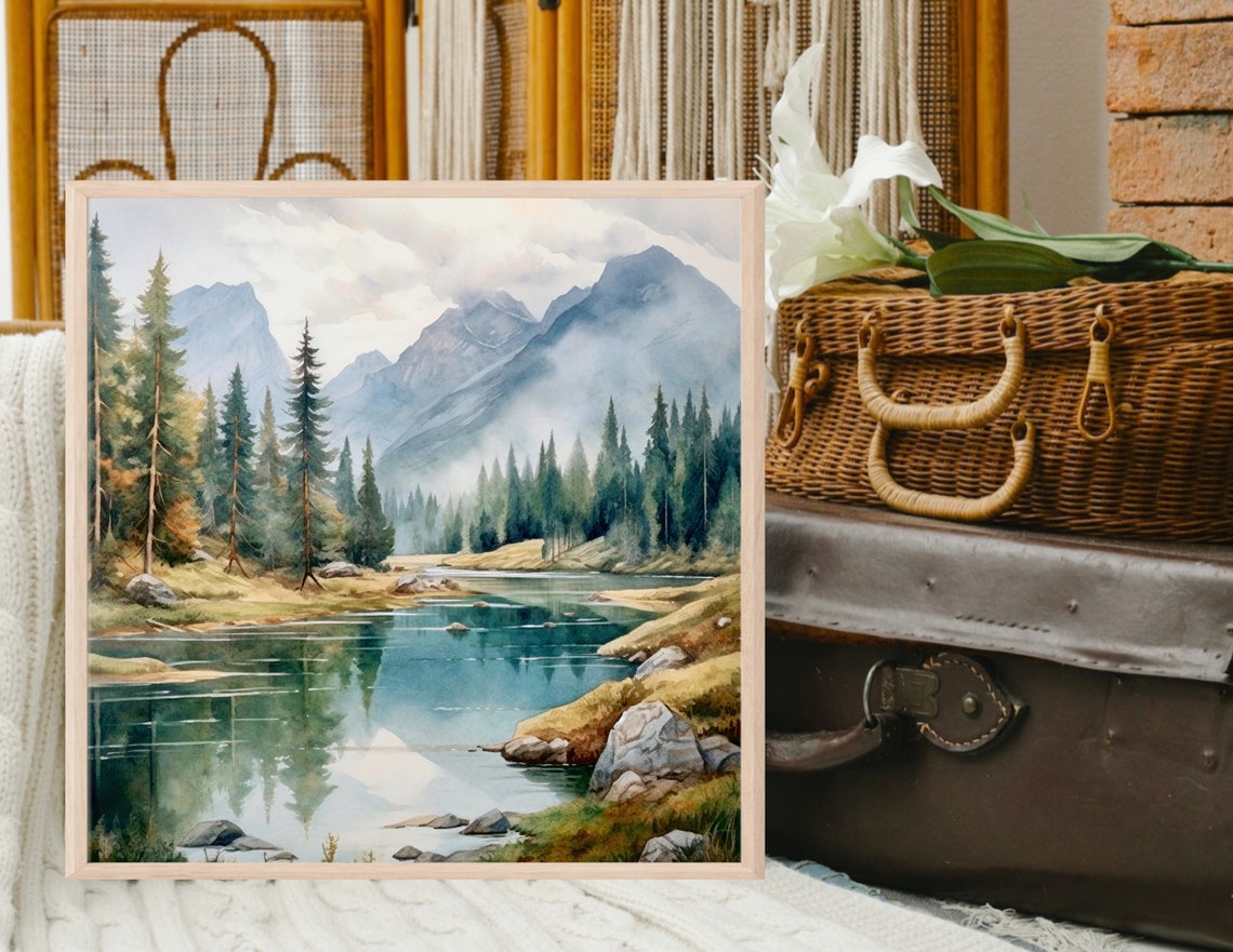 Calm Alpine Lake Reflections Evergreen Forest Misty Watercolor Poster - Image 2