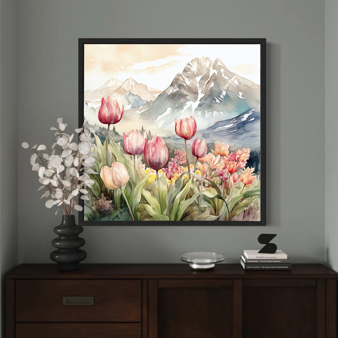 Tulips Flower Mountain Landscape Watercolor Art Print - Image 5