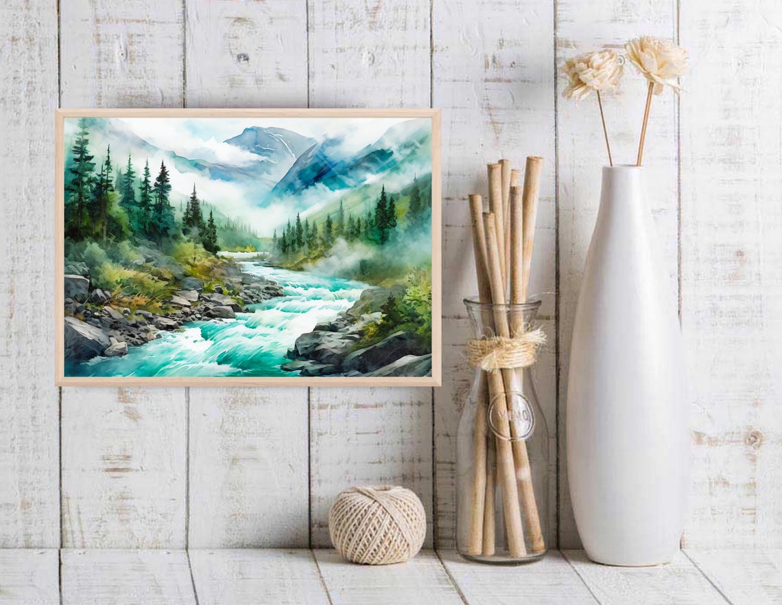 Turquoise Mountain River Rapids Evergreen Forest Watercolor Poster - Image 2