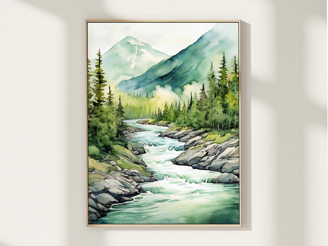 Mountain River Misty Forest Watercolor Art Print - Image 4