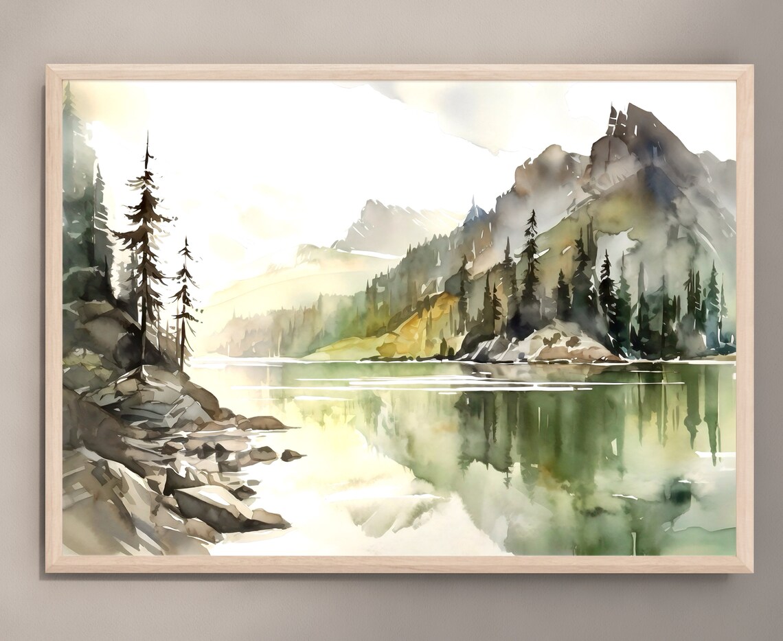 Mountain Lake Watercolor Landscape, Modern Minimal Art Print - Image 4