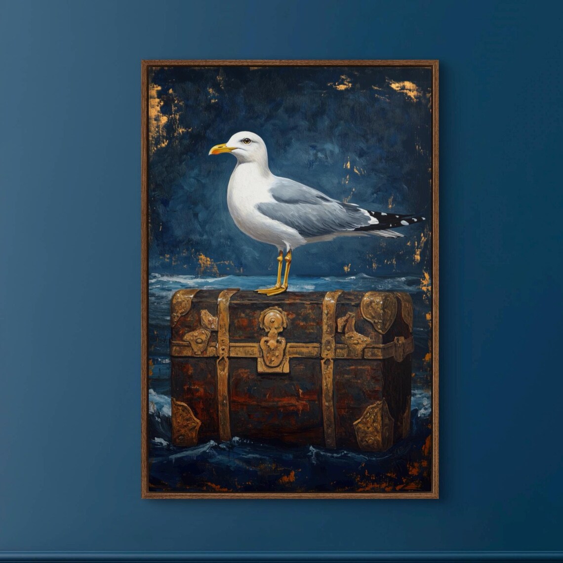 Seagull Standing On Antique Treasure Chest Moody Nautical Art Print