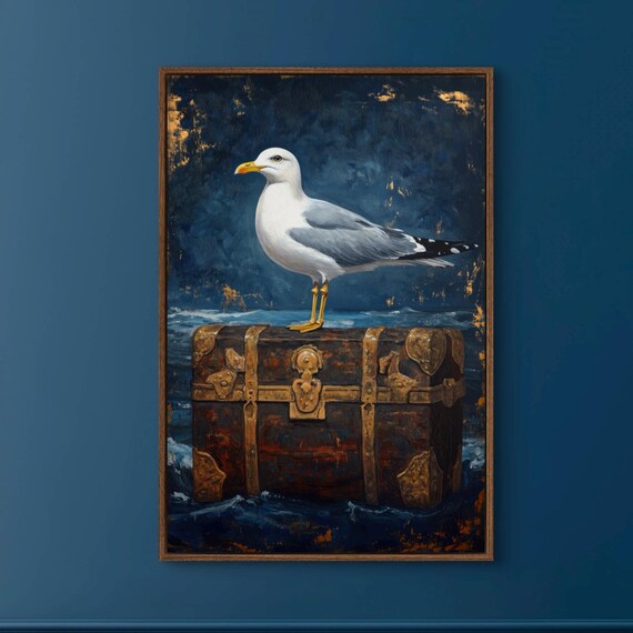 Seagull With Antique Treasure Chest Nautical Print For Above Bed Accent Maritime And Coastal Living Room
