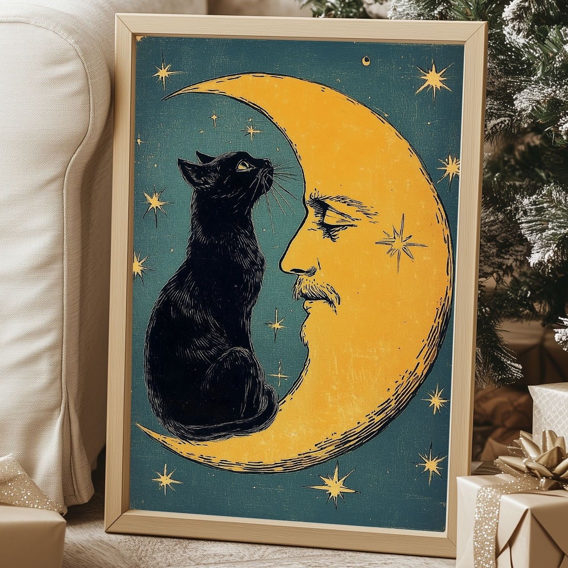 Christmas Cat and Moon Vintage Art Deco Poster Print