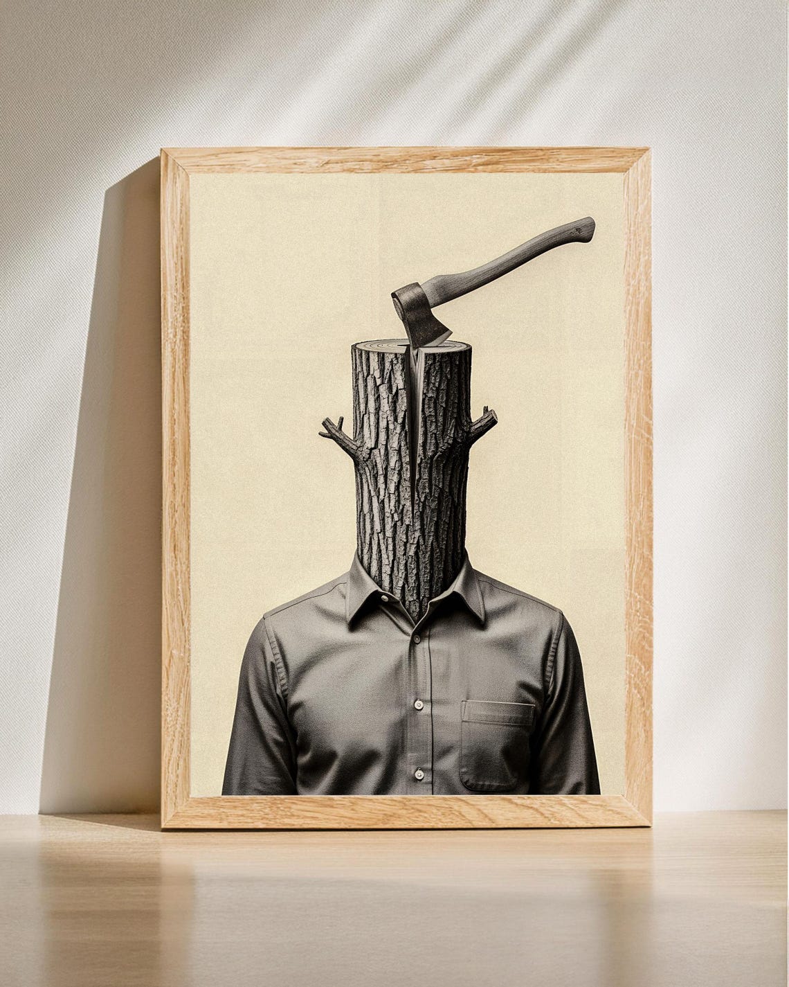 Tree Stump Head Man Axe Surreal Collage Black White Oddity Art Poster