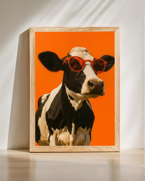 Cool Cow Wall Art Funny Poster Red Sunglasses Print Animal Decor Modern Pop