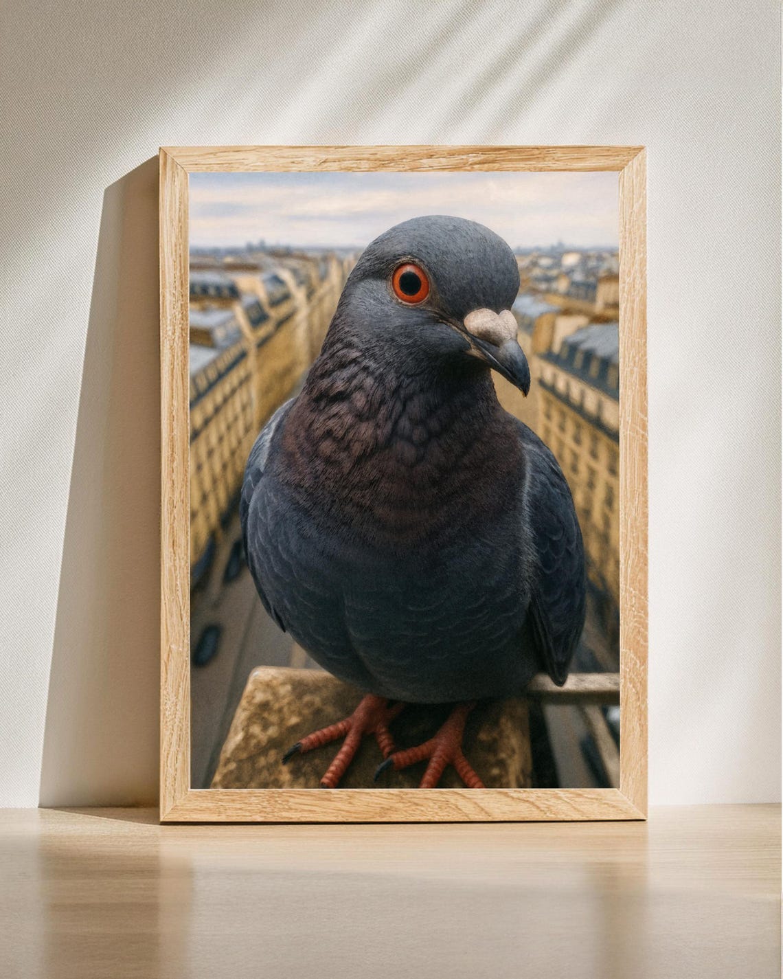 Curious Pigeon Over Paris Rooftops Funny City Bird Close-Up Poster