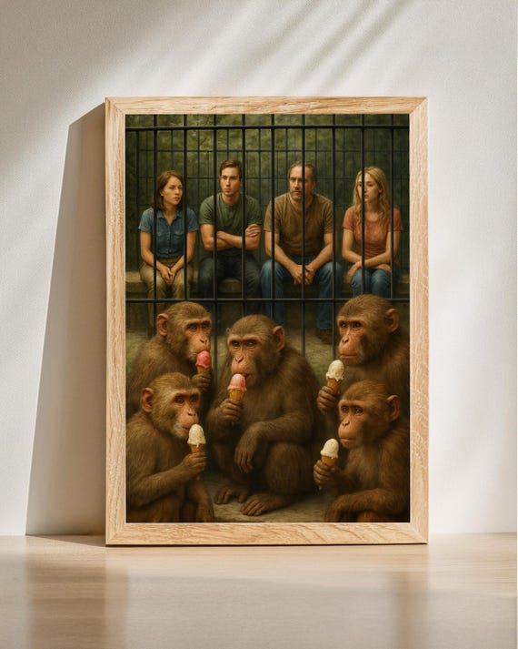 Humans In The Cage Animal Rights Wall Art Social Commentary Poster Absurd Humor