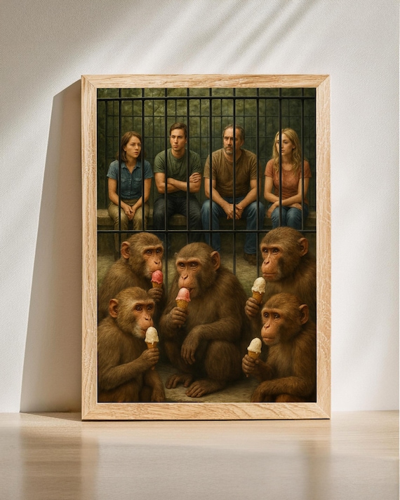 Monkeys Eating Ice Cream Watching Humans in a Cage Surreal Poster