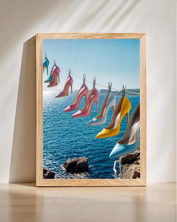 Surreal High Heels Clothesline Coastal Ocean Dreamy Shoe Art Poster