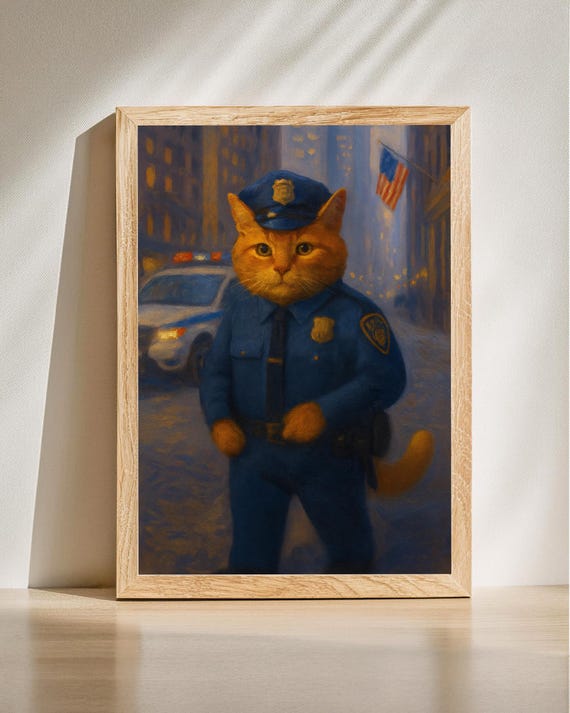 Funny Police Cat Art In Uniform Print Hero Wall Lover Gift Kids Room Decor Law Enforcement