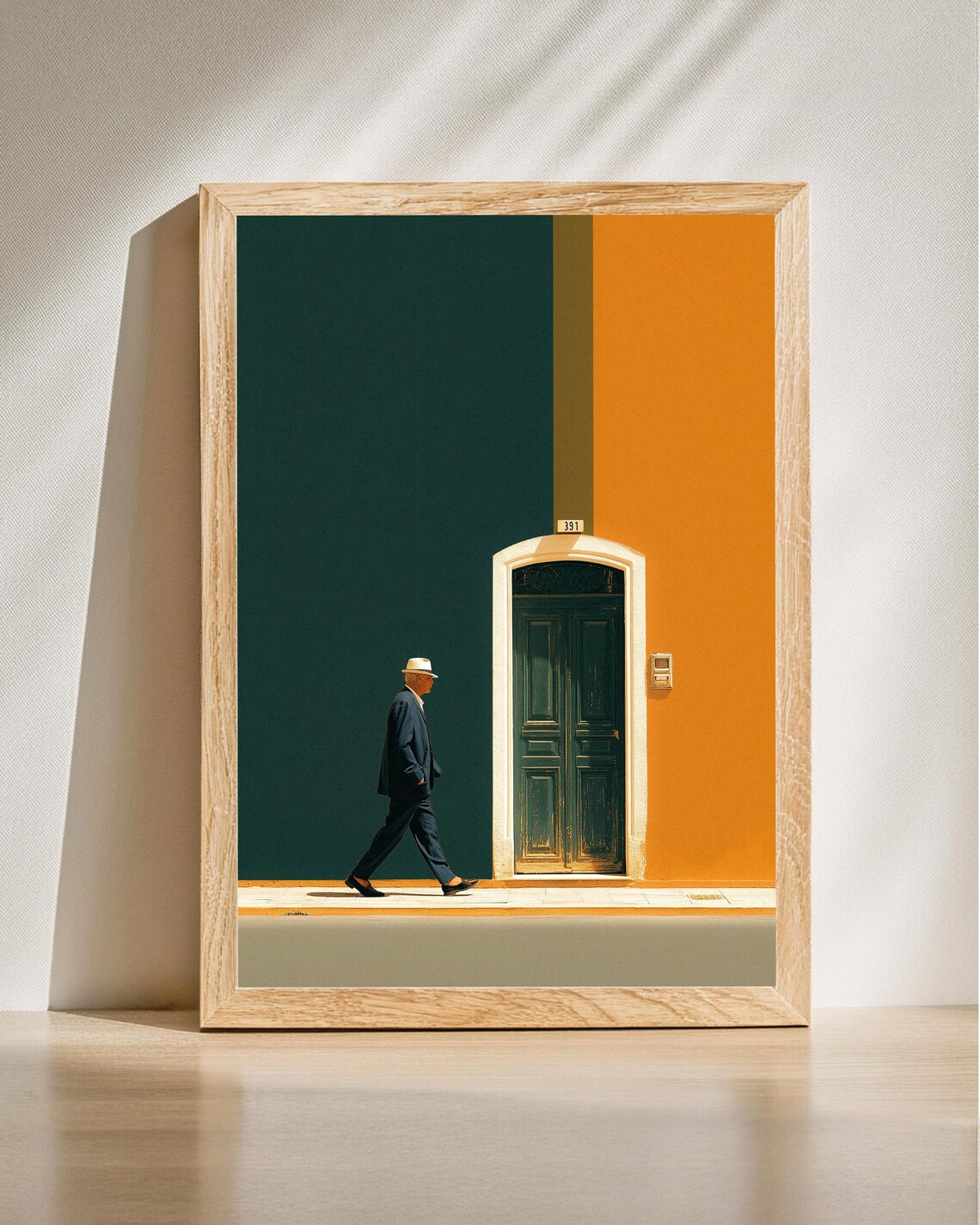 Man Walking Past Green Door Retro Street Minimalist City Poster