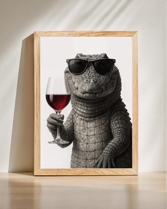 Funny Alligator In Sunglasses Holding Red Wine Glass Art Poster