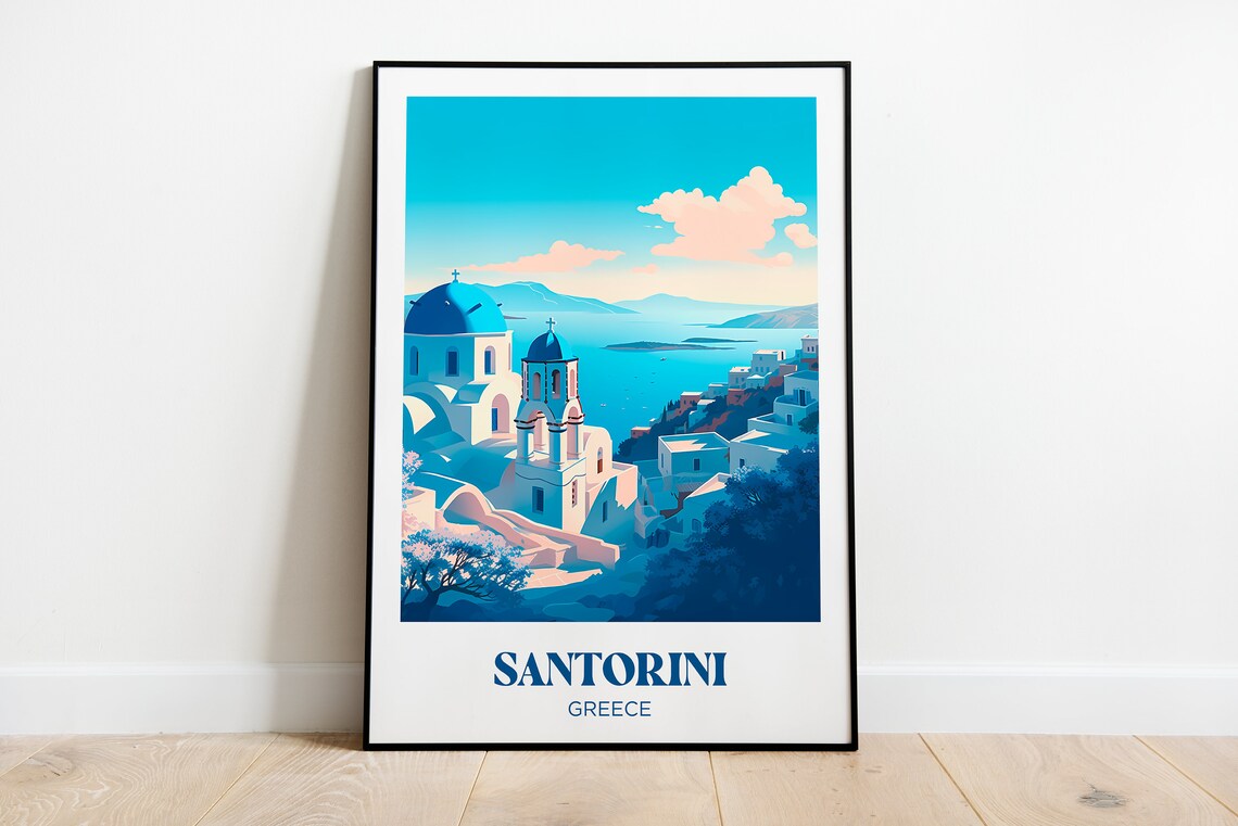 Santorin Travel Poster, Greece Watercolor Art Print