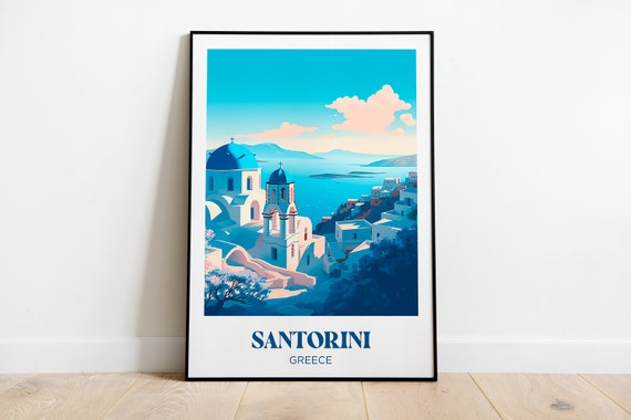 Santorin Travel Poster, Greece Watercolor Art Print