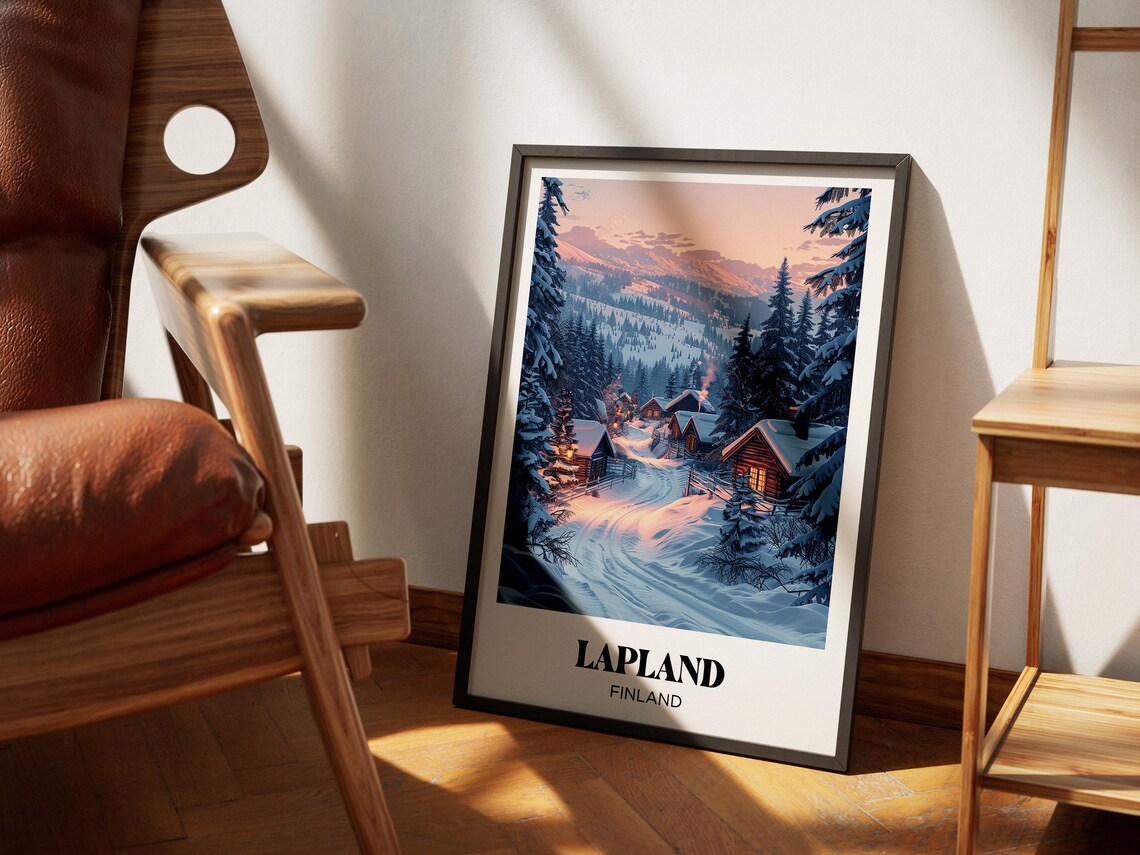 Lapland Finland Snowy Village Cabins Winter Dusk Retro Travel Poster - Image 2
