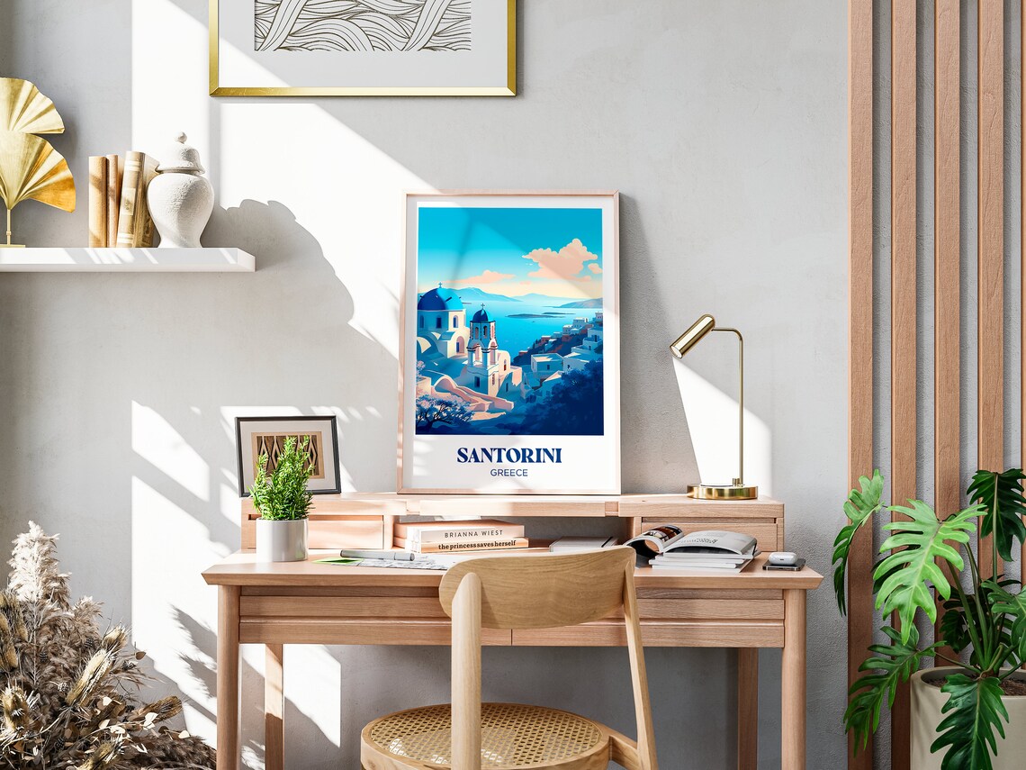 Santorin Travel Poster, Greece Watercolor Art Print - Image 2