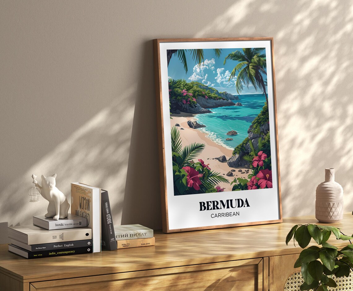 Bermuda Caribbean Pink Flower Cove Beach Retro Travel Poster - Image 3