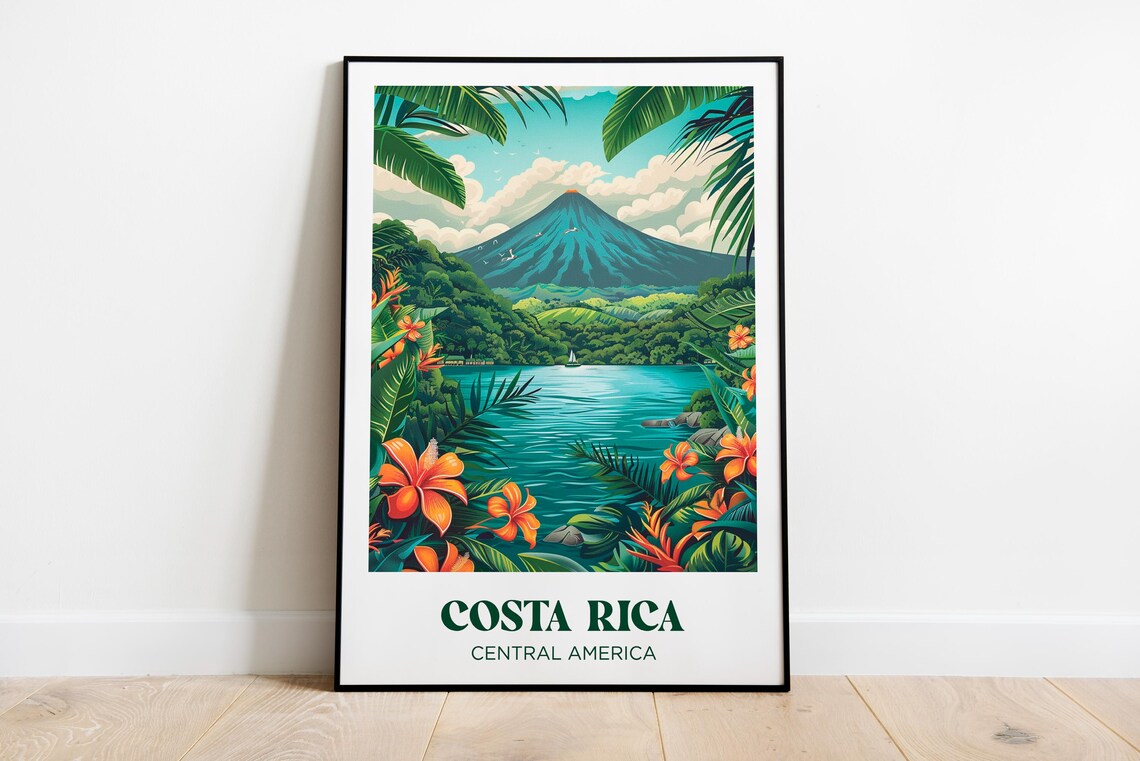 Costa Rica Volcano Lake Tropical Flowers Rainforest Travel Poster