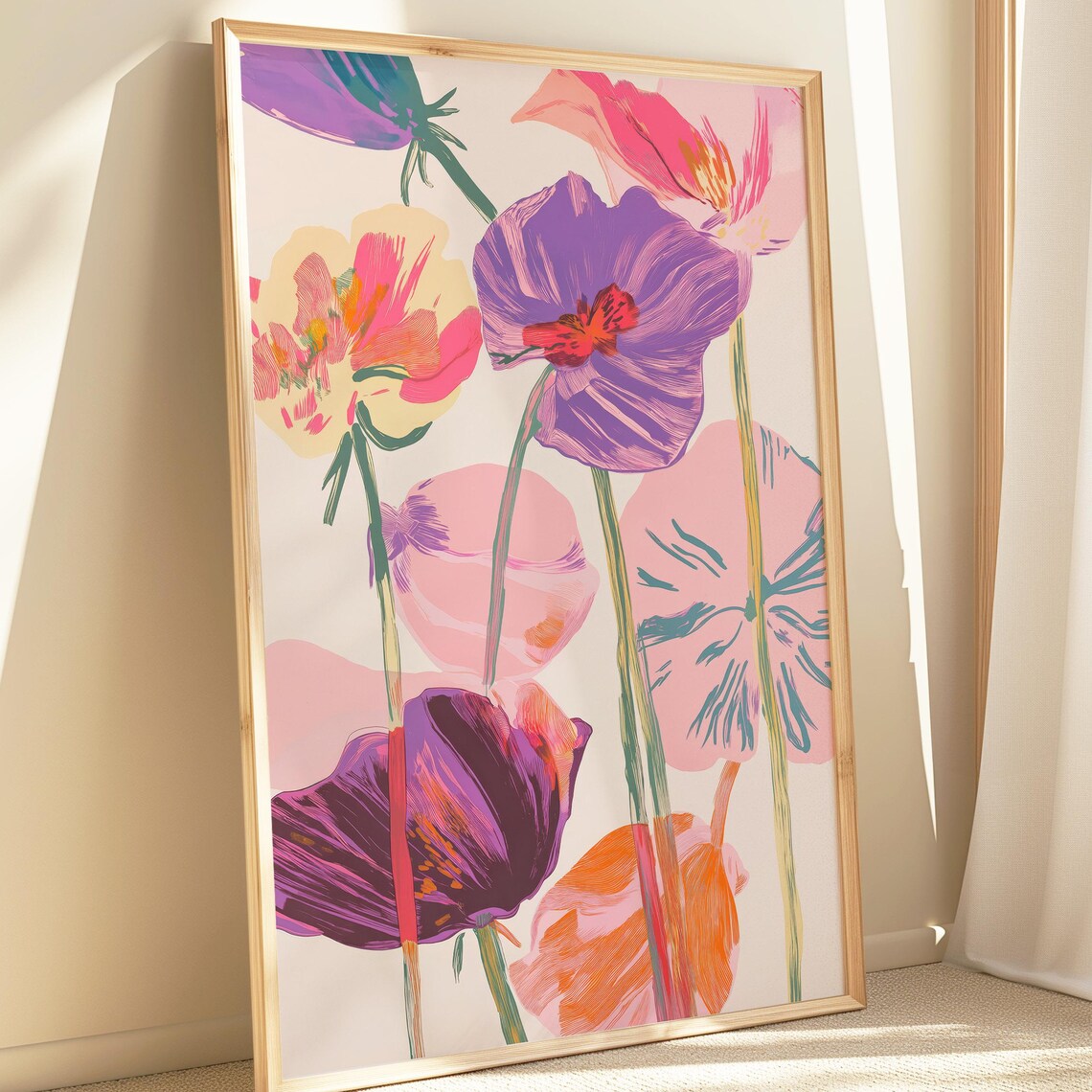 Tall Colorful Poppy Blooms In Purple And Pink Modern Floral Art Poster