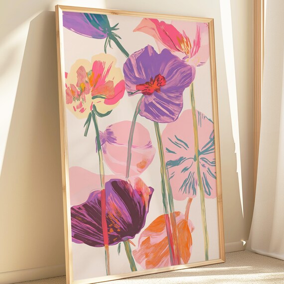 Tall Colorful Poppy Blooms In Purple And Pink Modern Floral Art Poster