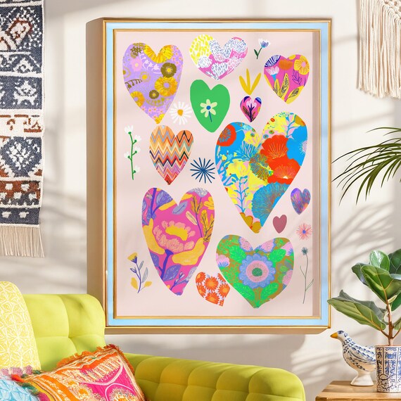 Boho Hearts Colorful Maximalist Pattern Poster Teen Girl Decor
