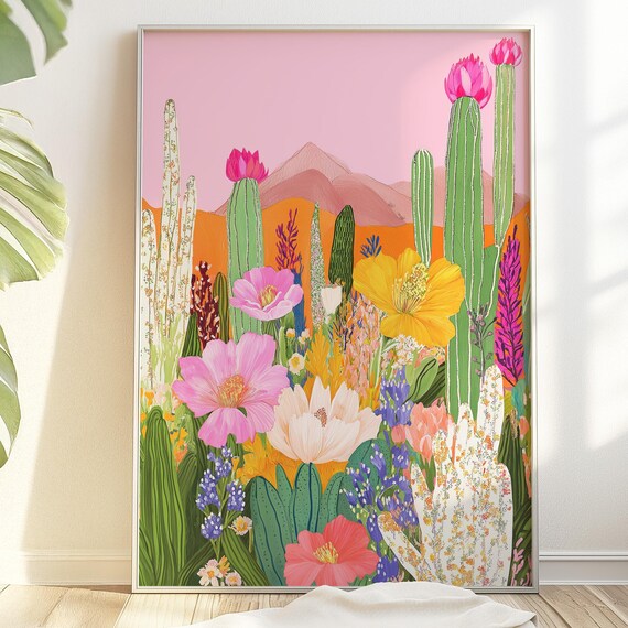 Colorful Desert Landscape Blooming Cactus Flowers Boho Wall Poster