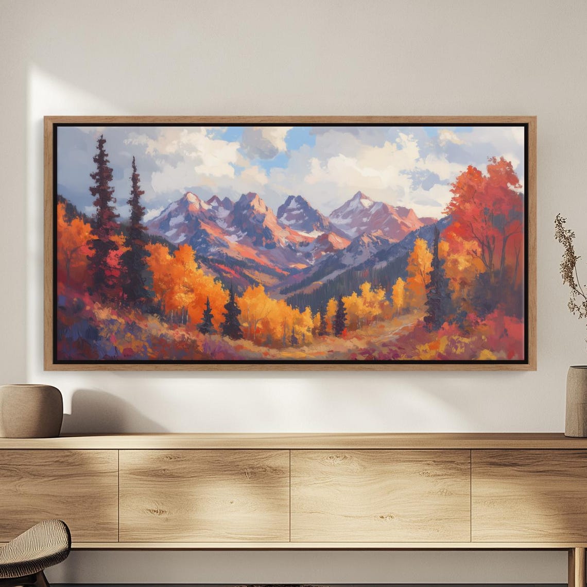 Autumn Mountain Pass With Snow Capped Peaks and Fall Foliage Wall Art