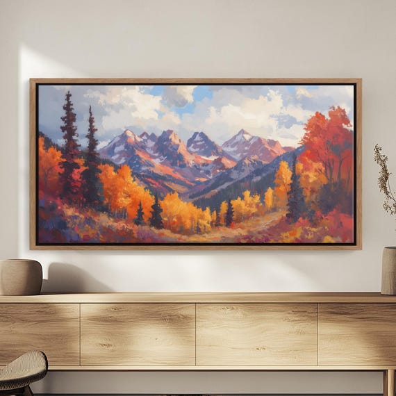 Vibrant Autumn Mountain Pass Painting On Canvas Scenic Landscape With Red And Gold Foliage Rustic Fall Decor Giclee Art Print
