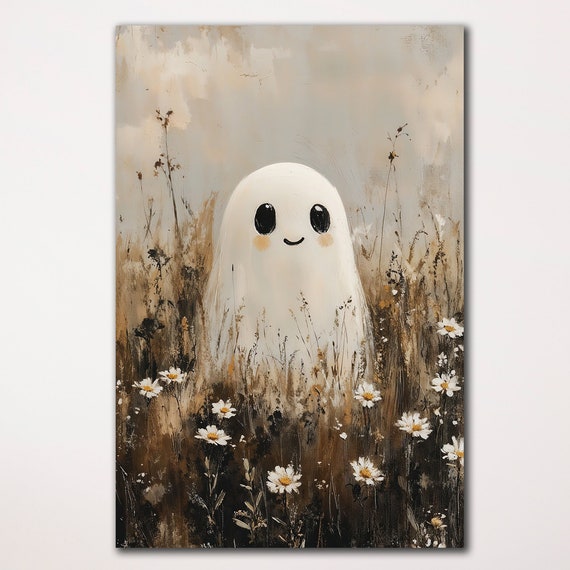Cute In Meadow Canvas Wall Art Spooky Halloween Decor Playful Ghostly Figure Painting Print Field Of Flowers Poster Gift Ready To Hang