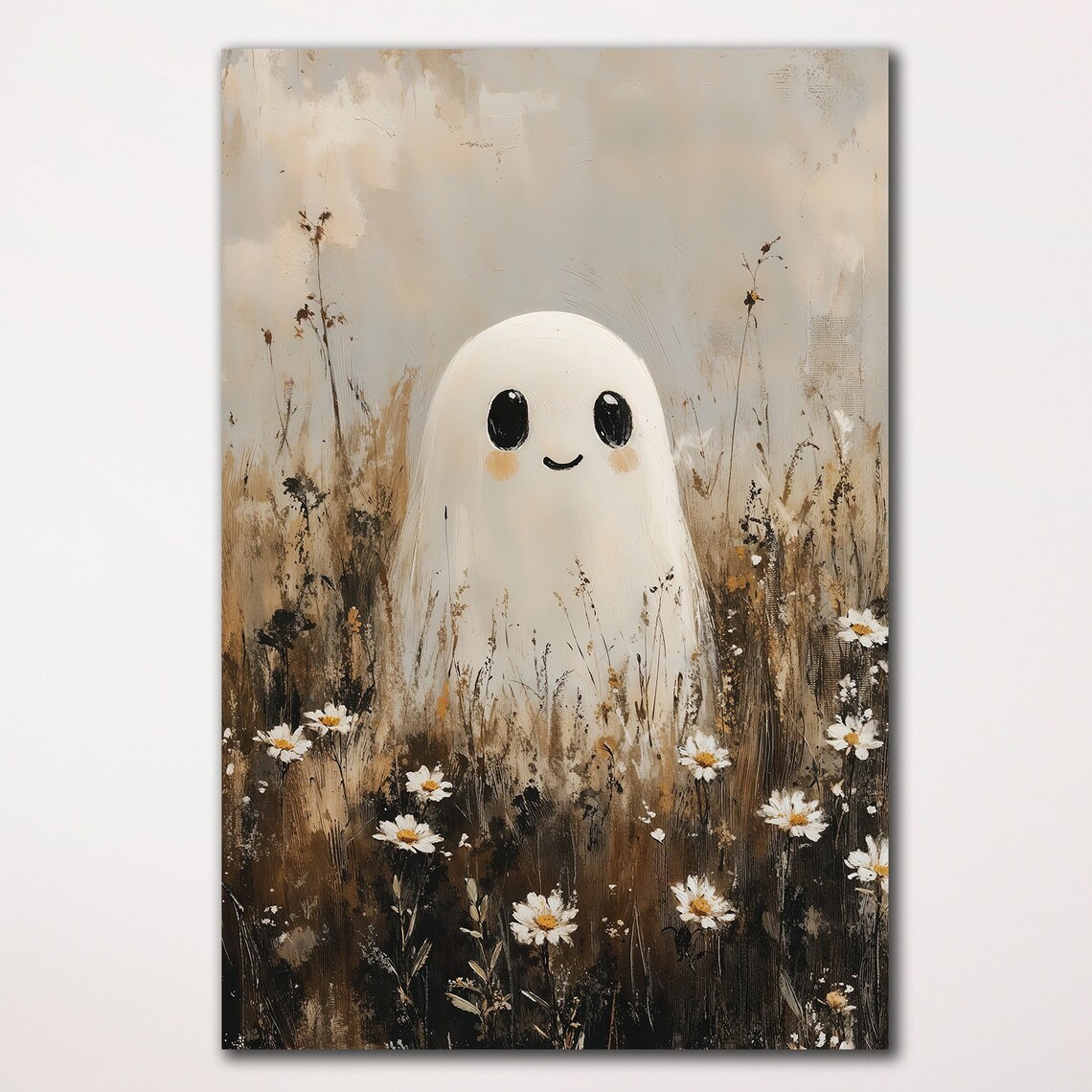 Smiling Little Ghost In Wildflower Daisy Meadow Cute Halloween Poster