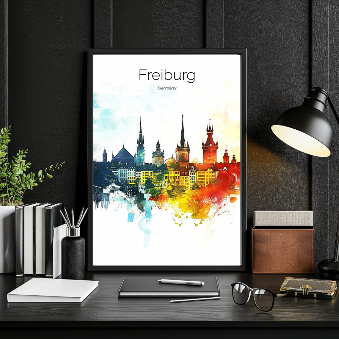 Freiburg Germany Watercolor Skyline Minster Sunset Warm Glow Poster