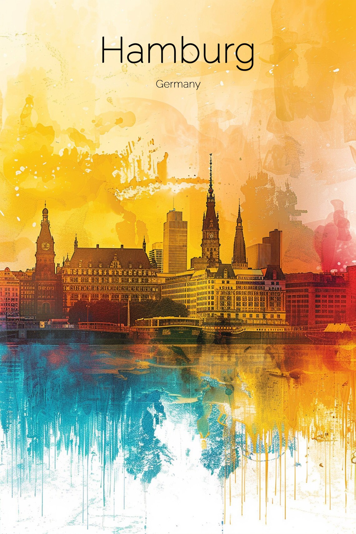 Hamburg Germany Watercolor Harbor Sunset Golden Skyline Glow Poster - Image 2
