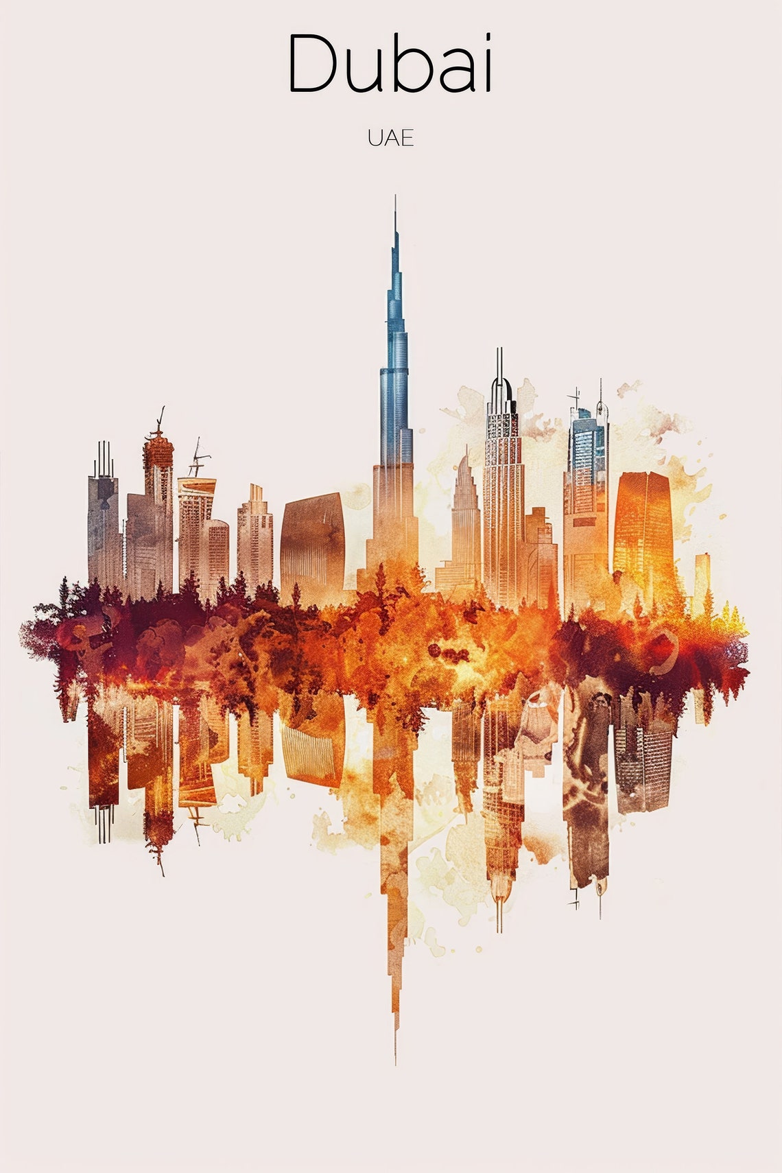 Dubai UAE Burj Khalifa Golden Watercolor Skyline Travel Poster - Image 2