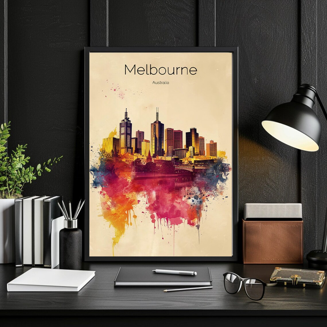 Melbourne Australia Splash Watercolor City Skyline Travel Poster