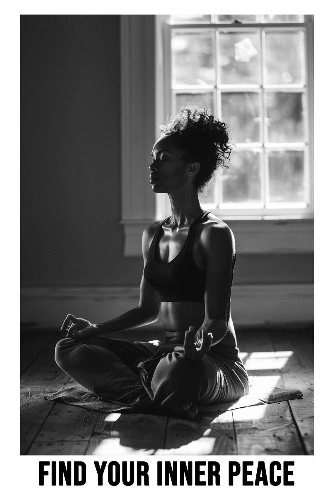Woman Meditating Indoors Find Your Inner Peace Black White Poster - Image 2