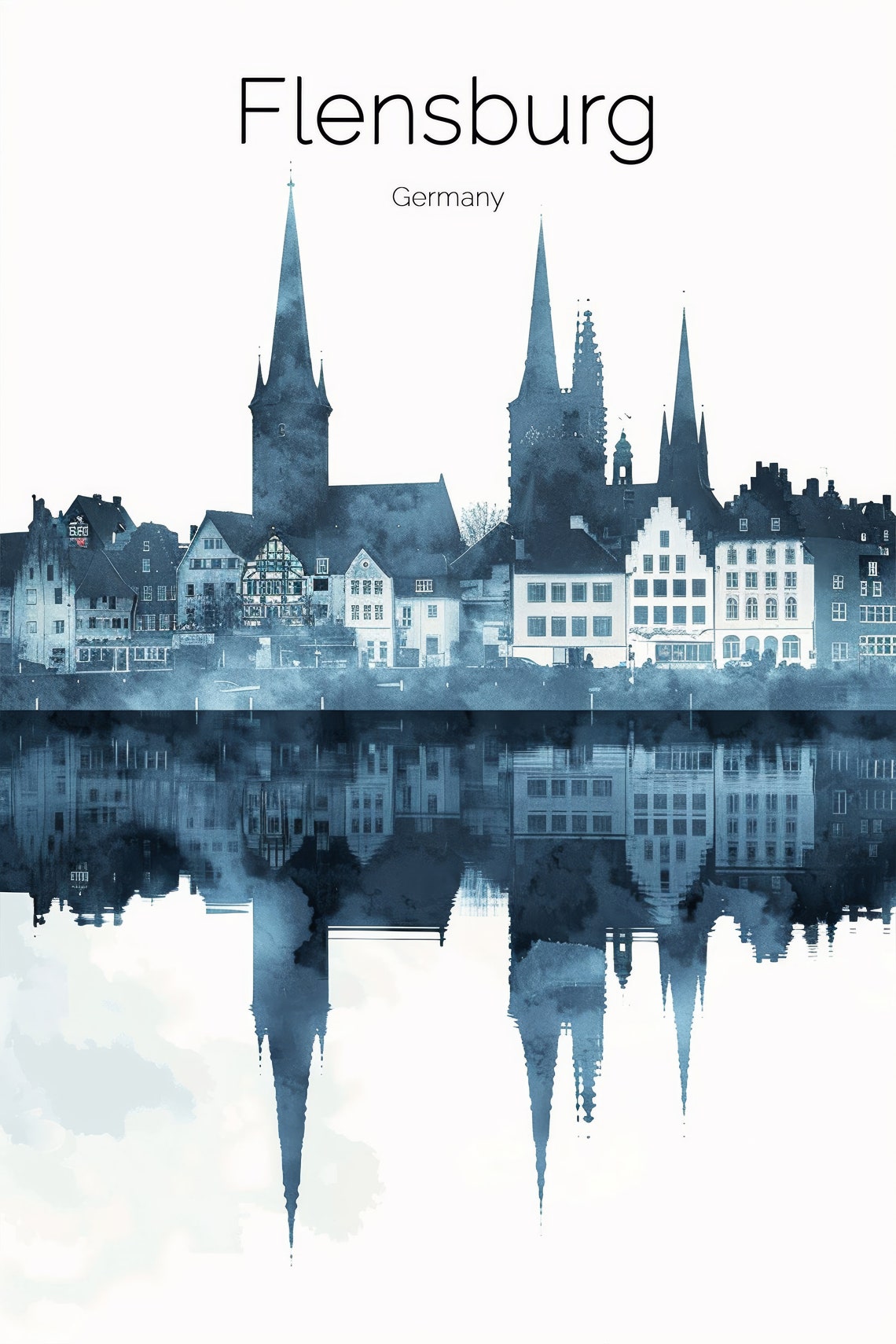 Flensburg Germany Blue Watercolor Harbor Reflection Night Poster - Image 2