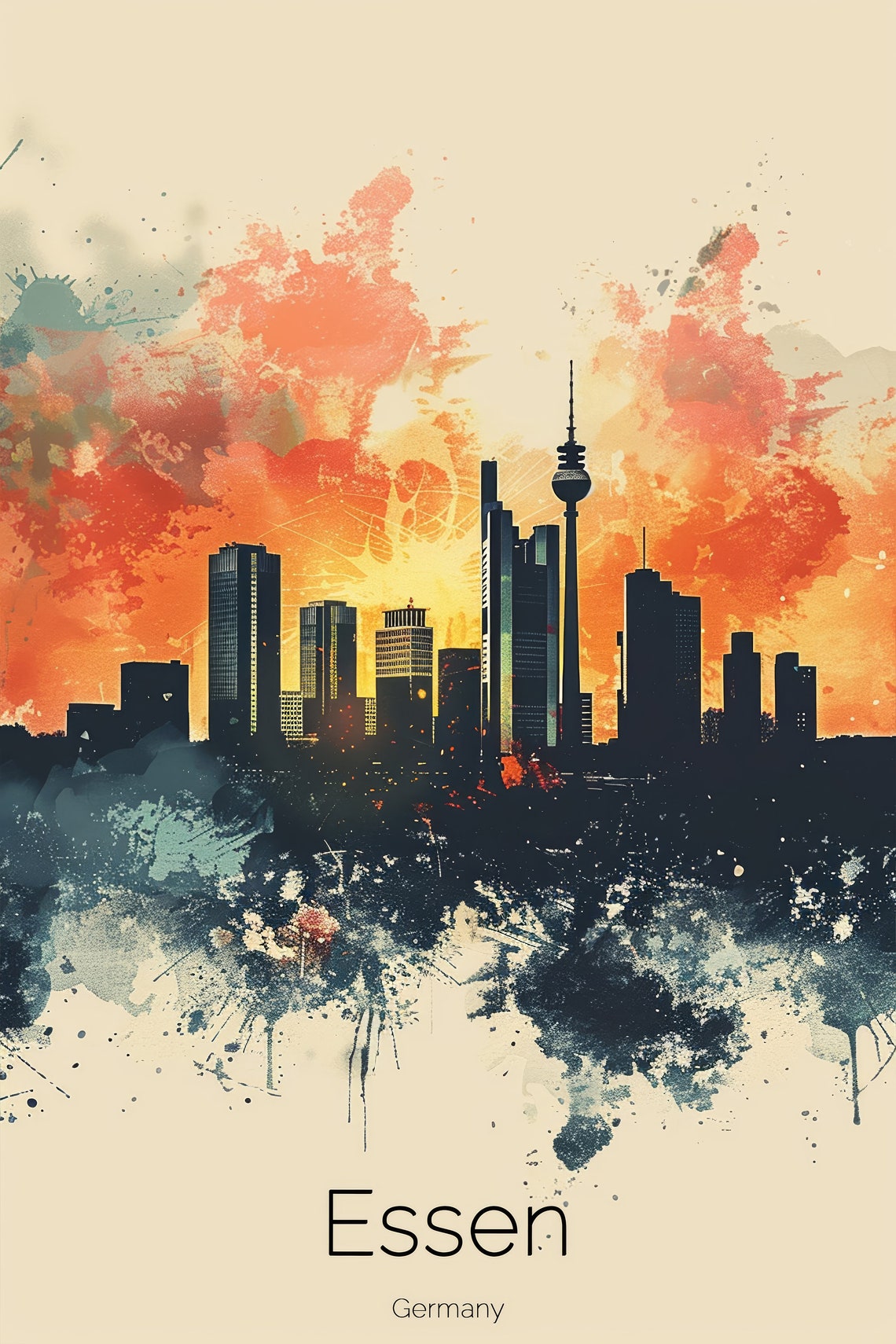 Essen Germany Watercolor Skyline TV Tower Dusk Sunset Glow Poster - Image 2