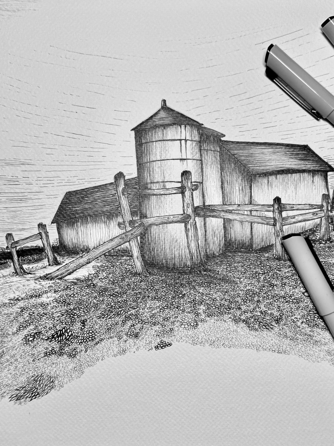 Rustic Farm Barn and Silo Pen and Ink Sketch Countryside Art Poster - Image 4