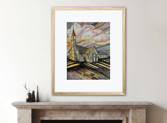 Sunset Years Old Church at Sunset Watercolor Christian Art Poster