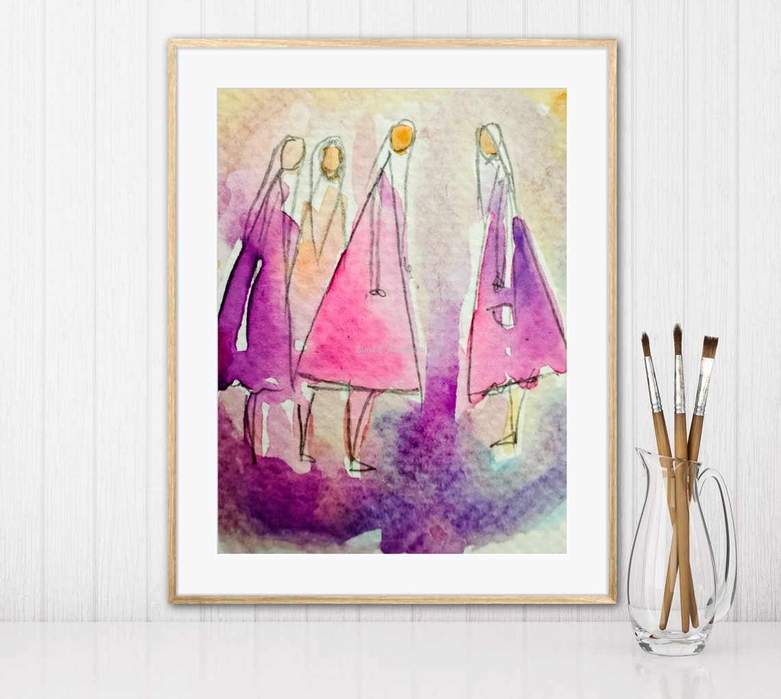 Conversations Abstract Watercolor Four Women Walking Pink Art Poster - Image 4