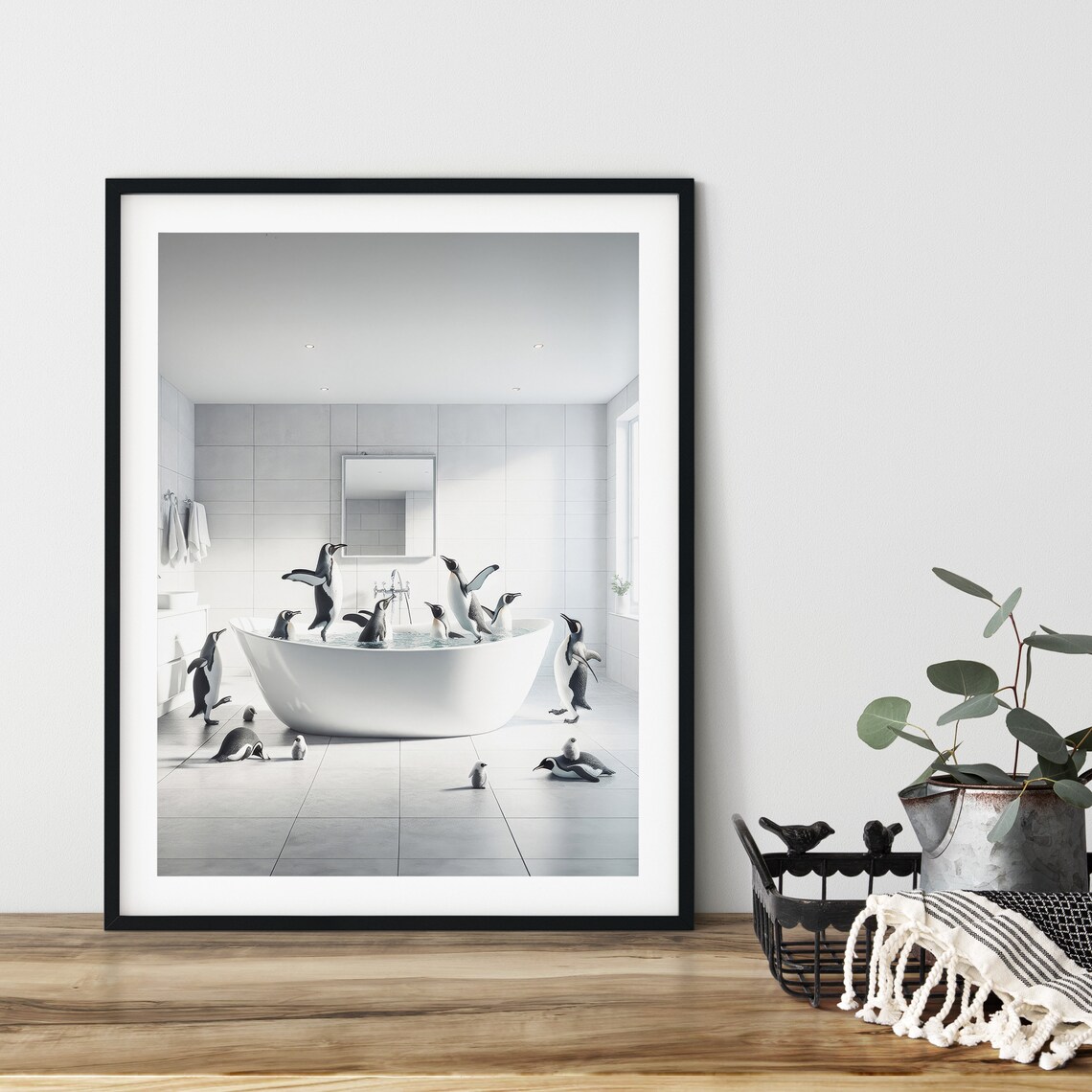 Penguins In Tub Funny Bathroom Wall Art Print