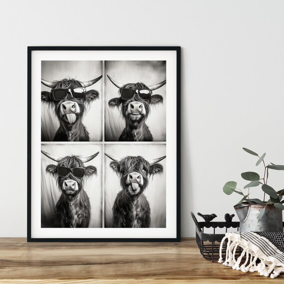 Highlander Cow Wearing Sunglasses Photobooth Funny Wall Art Prints Decor Instant Ai Selfies