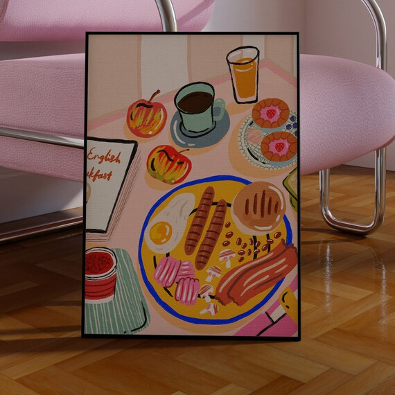 English Breakfast Full Plate Coffee Juice Colorful Kitchen Food Poster